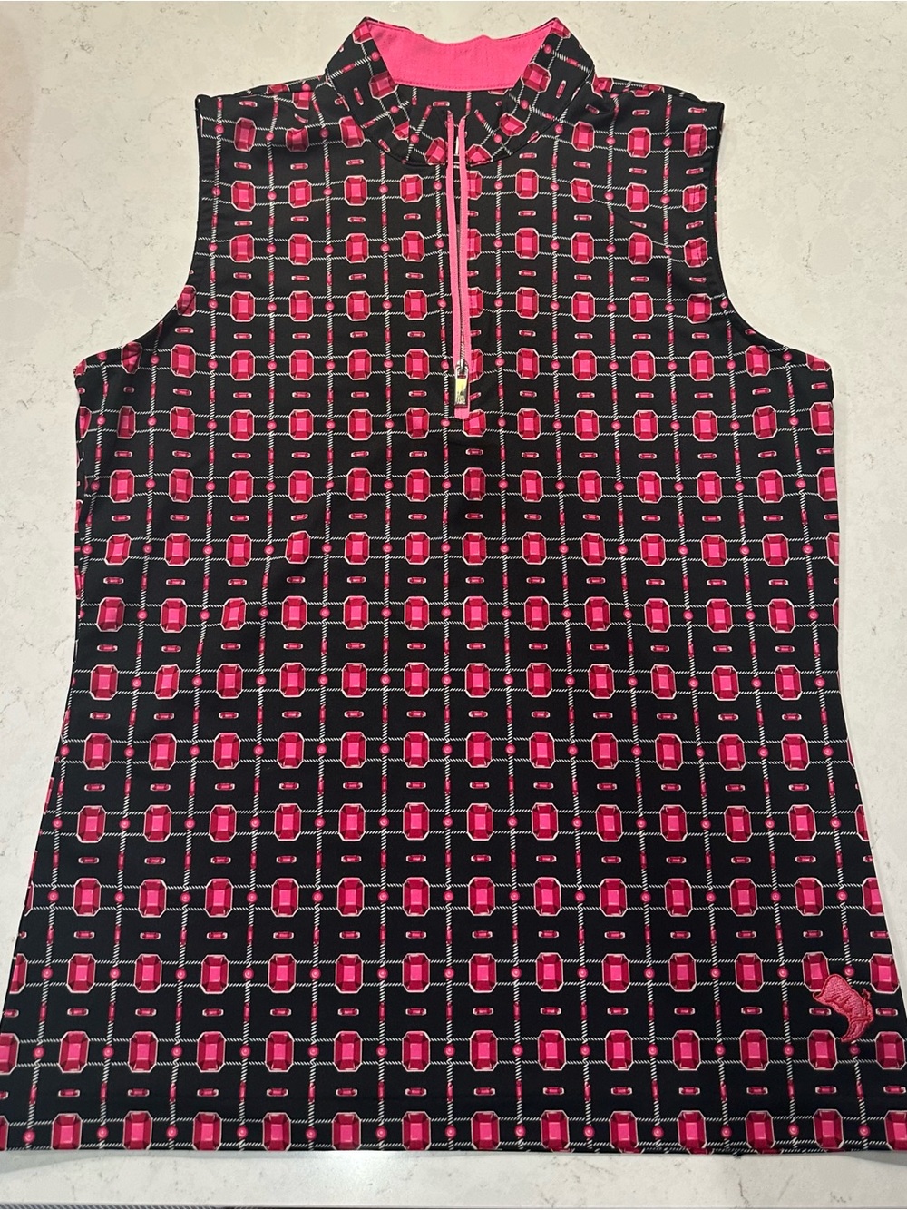 TAIL Activewear Sleeveless Mock Neck Geo-Print Top in Black and Pink Size Small